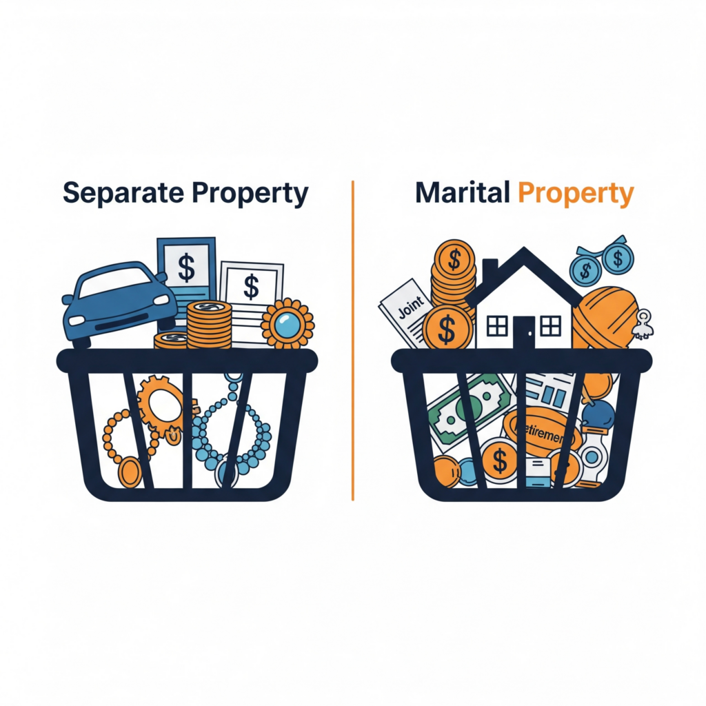 Diagram comparing marital vs. separate property in NJ divorce, highlighting the house.