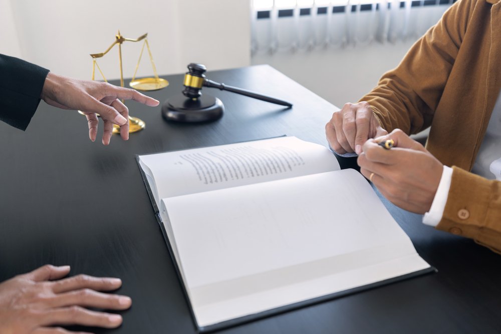 Lawyer consulting a client about career changes and alimony.