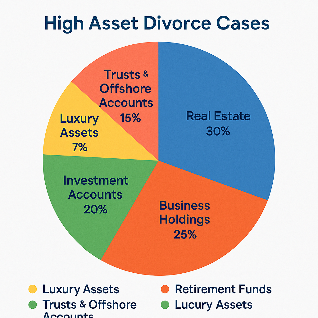 Pie chart illustrating the common asset types in high net worth divorces in New Jersey, including real estate, business holdings, investment accounts, retirement funds, luxury items, and digital assets. 