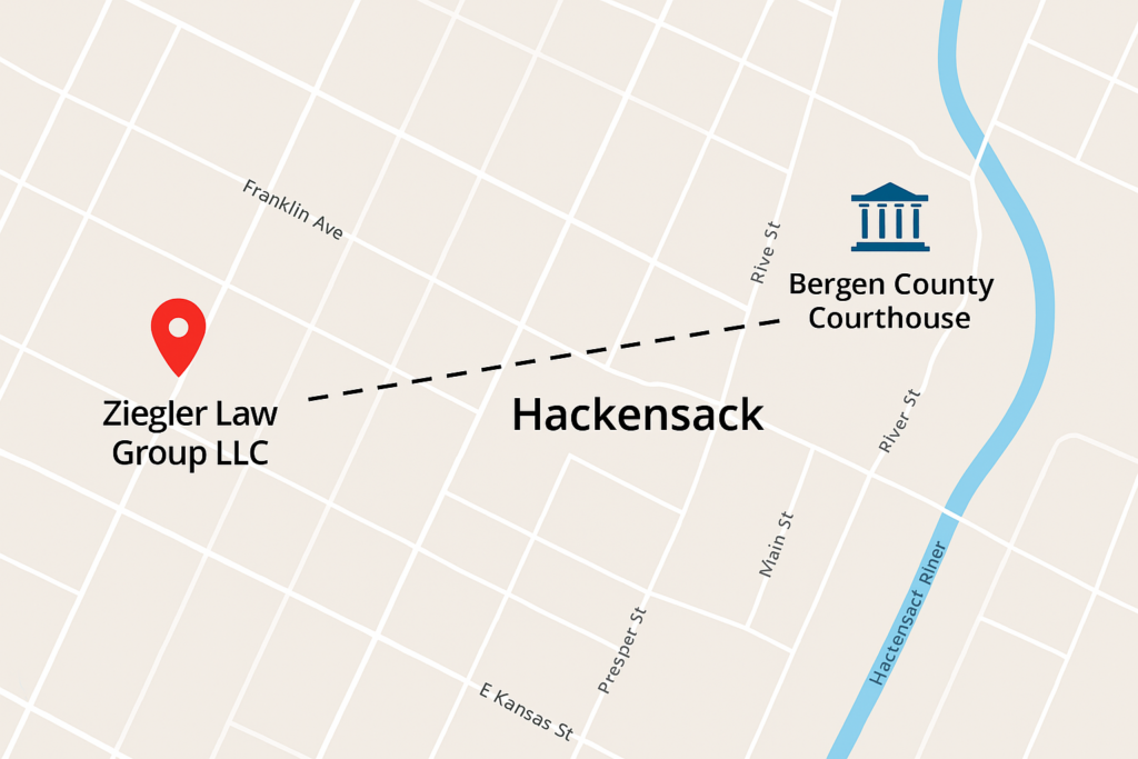 Map showing the location of Bergen County Courthouse and the nearby Ziegler Law Group office in Hackensack, NJ