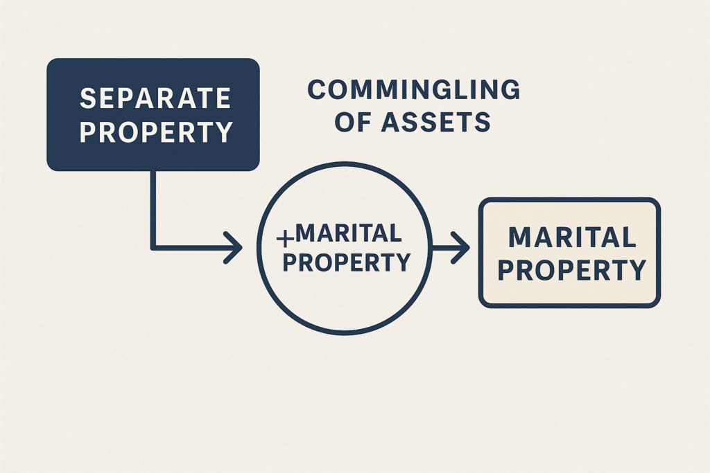 "Flowchart showing how separate assets become marital property through commingling in a New Jersey divorce case."