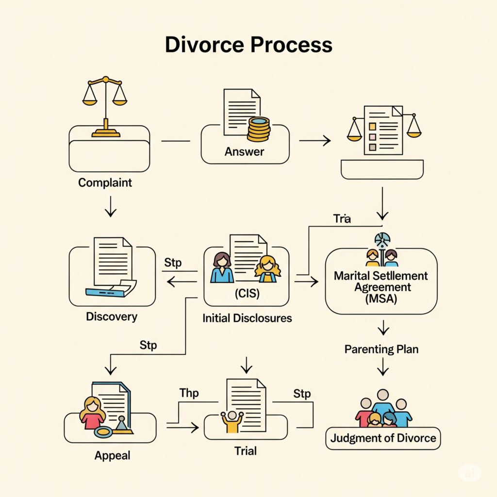 Divorce Process Flowchart with key document touchpoints