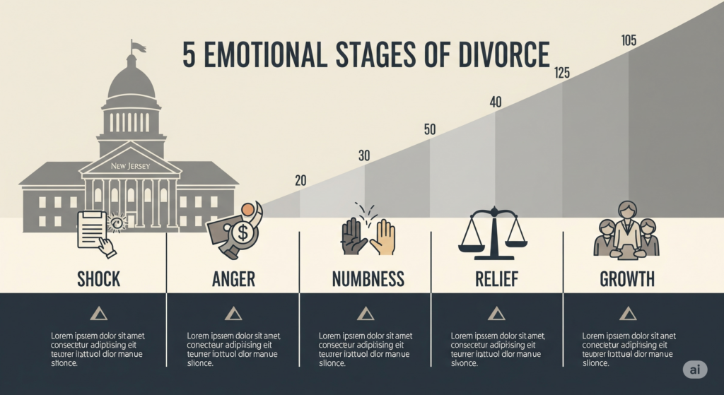 Infographic showing the five emotional stages of divorce during the NJ process.