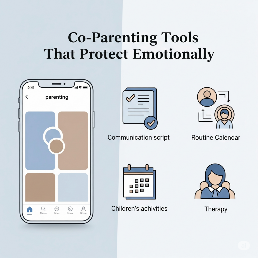 Checklist of co-parenting tools like apps, scripts, and routines for emotional stability.