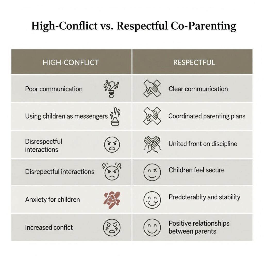 Comparison between high‑conflict and respectful co‑parenting styles in divorce.