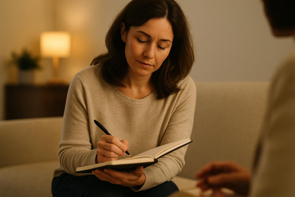 Emotional and financial preparation is the first step in the NJ divorce roadmap. Woman emotionally preparing for divorce in New Jersey through journaling and support.
