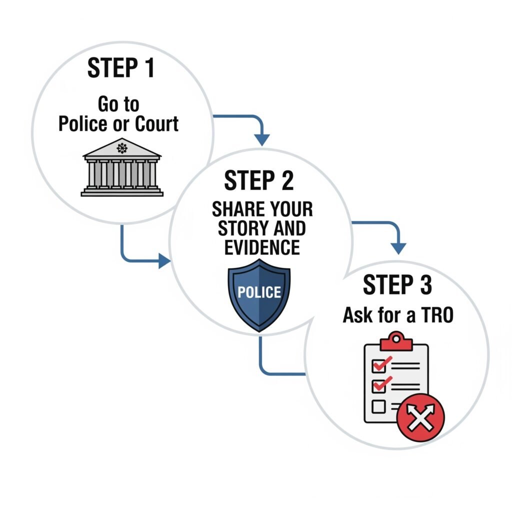 Flowchart showing how to get a Temporary Restraining Order in New Jersey.