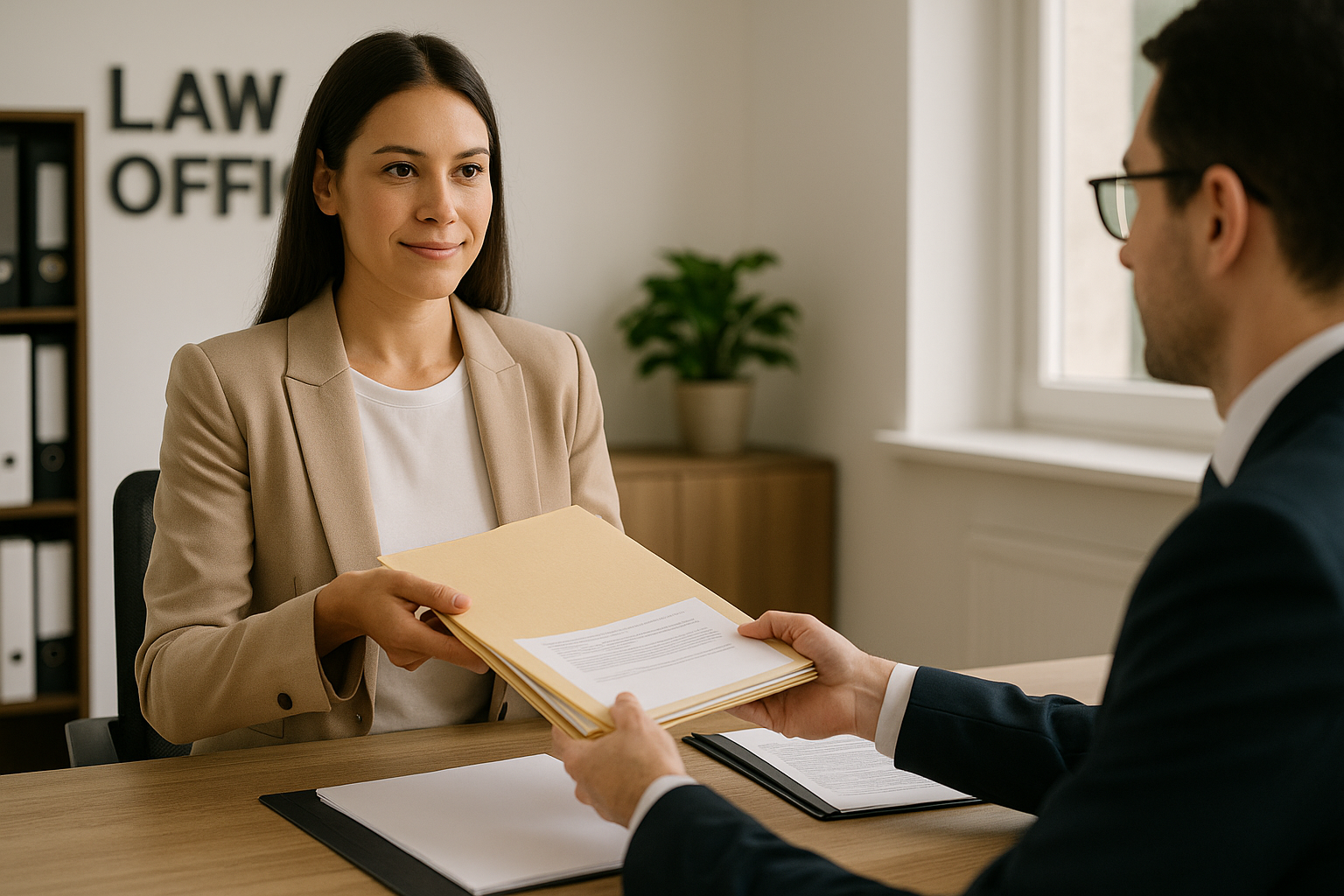 New Jersey divorce client handing documents to their lawyer.