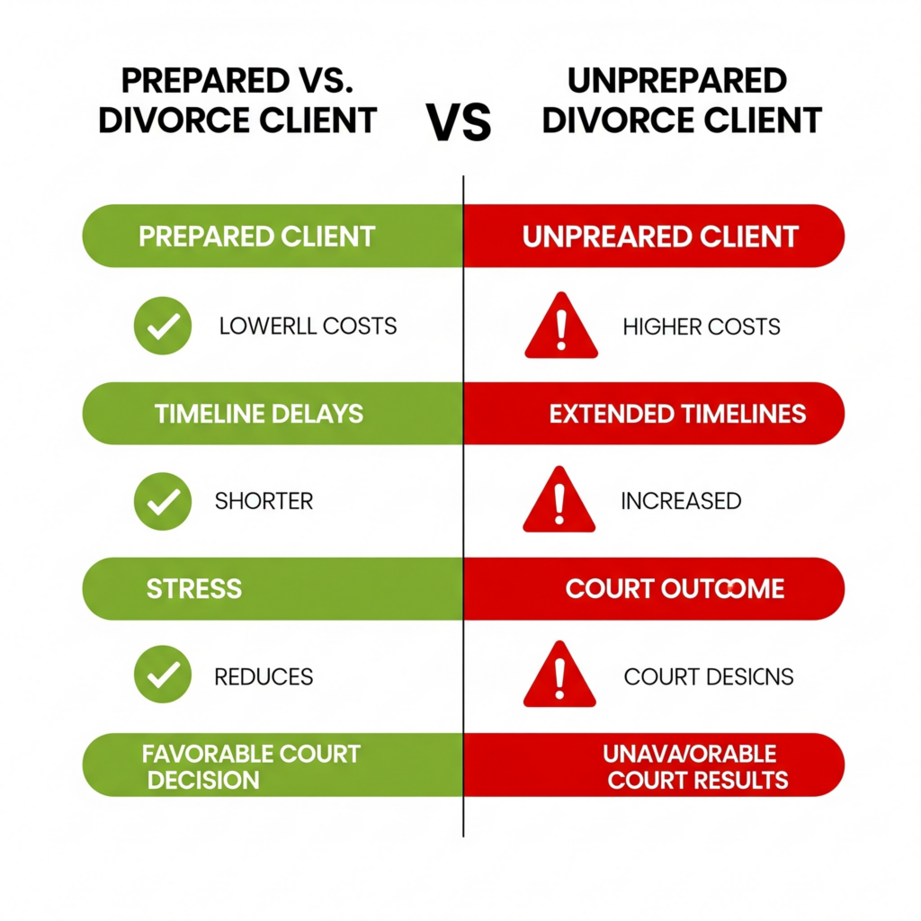 Comparison chart showing benefits of being prepared for divorce vs. not.